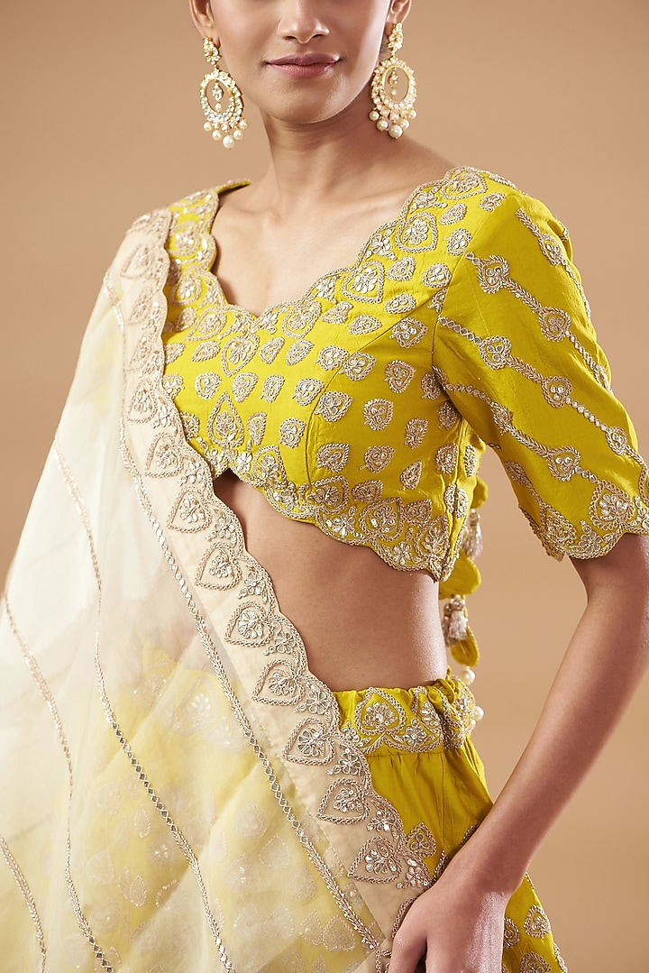 Greenish-Yellow Pure Satin Organza Embroidered Bridal Lehenga Set by SURBHI SHAH at Pernia's Pop Up Shop