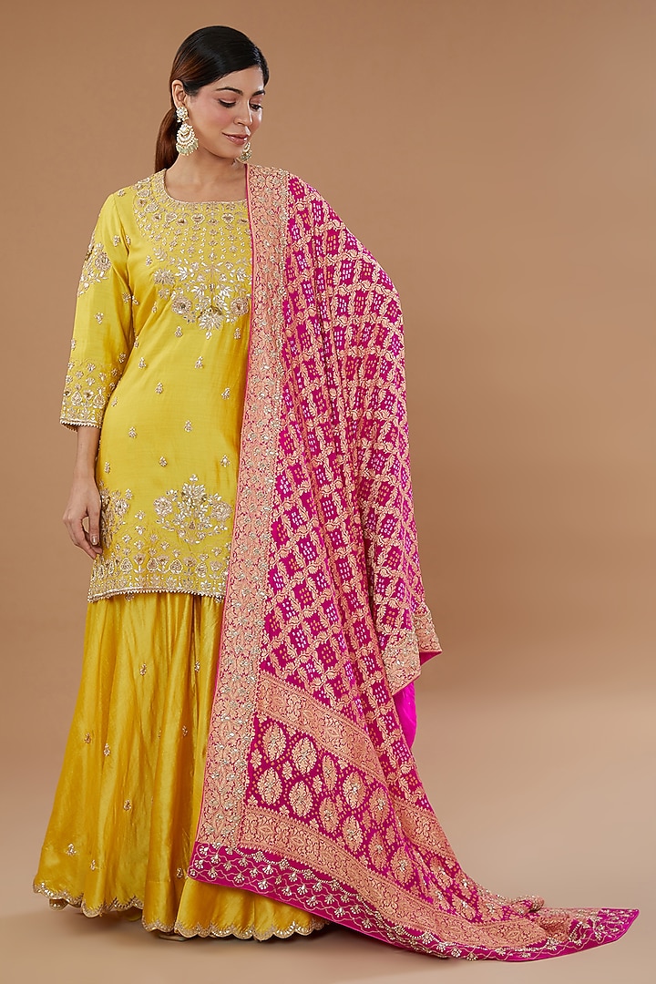 Yellow Pure Spun Silk Embroidered Wedding Sharara Set by SURBHI SHAH at Pernia's Pop Up Shop