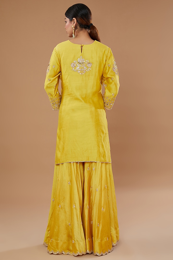 Yellow Pure Spun Silk Embroidered Wedding Sharara Set by SURBHI SHAH at Pernia's Pop Up Shop
