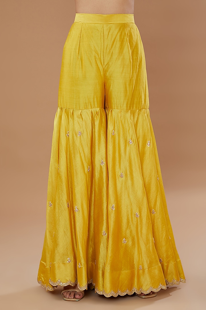 Yellow Pure Spun Silk Embroidered Wedding Sharara Set by SURBHI SHAH at Pernia's Pop Up Shop