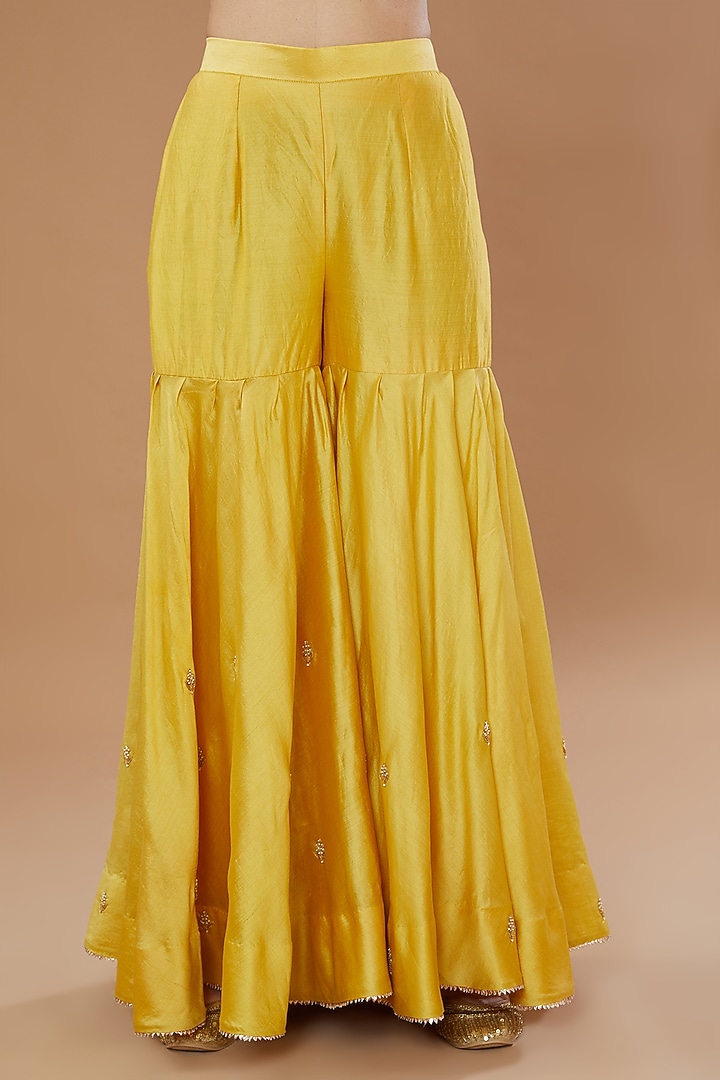 Yellow Pure Spun Silk Embroidered Wedding Sharara Set by SURBHI SHAH at Pernia's Pop Up Shop