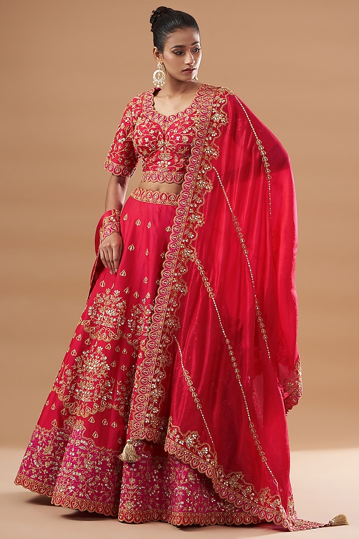 Red Pure Silk Embroidered Wedding Lehenga Set by SURBHI SHAH at Pernia's Pop Up Shop