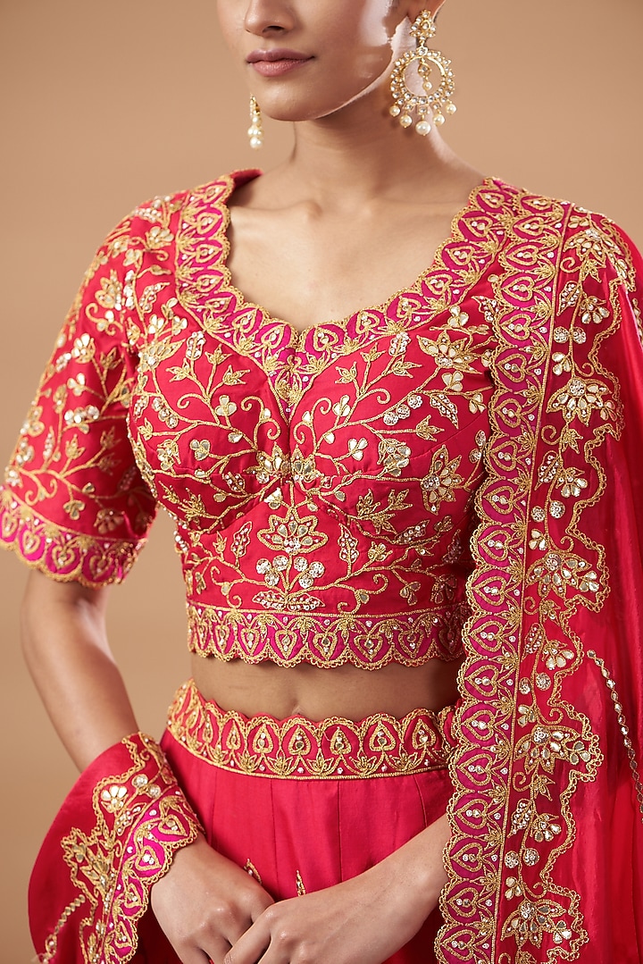 Red Pure Silk Embroidered Wedding Lehenga Set by SURBHI SHAH at Pernia's Pop Up Shop