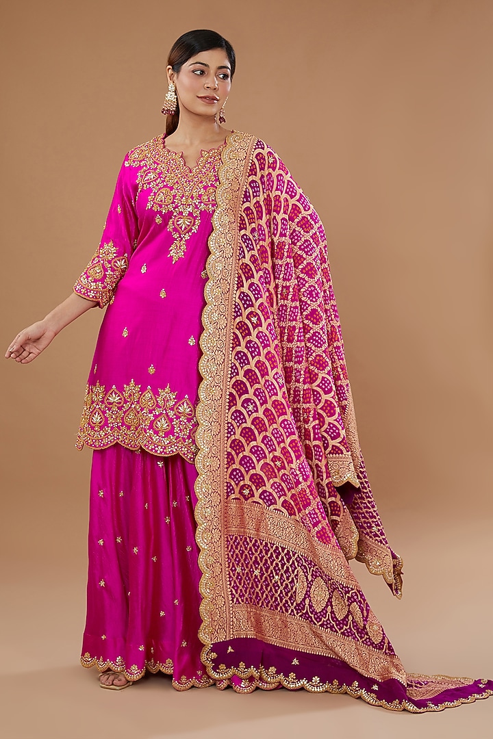 Rani Pink Pure Spun Silk Embroidered Wedding Sharara Set by SURBHI SHAH at Pernia's Pop Up Shop