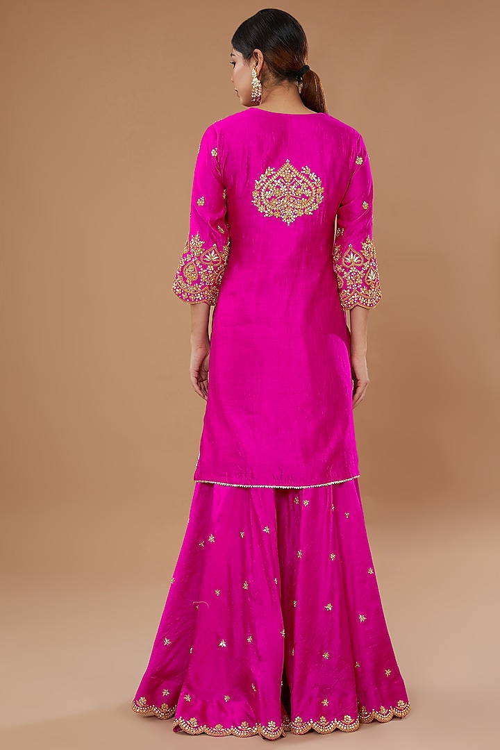 Rani Pink Pure Spun Silk Embroidered Wedding Sharara Set by SURBHI SHAH at Pernia's Pop Up Shop