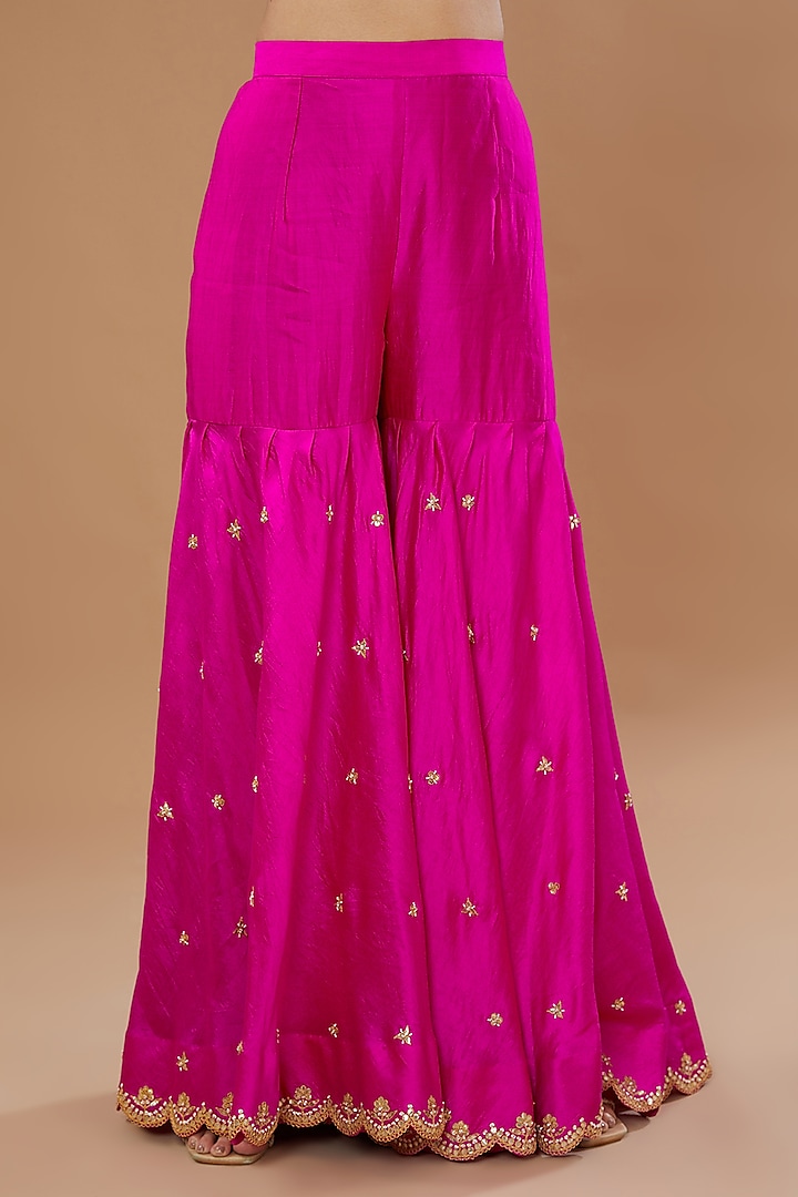 Rani Pink Pure Spun Silk Embroidered Wedding Sharara Set by SURBHI SHAH at Pernia's Pop Up Shop