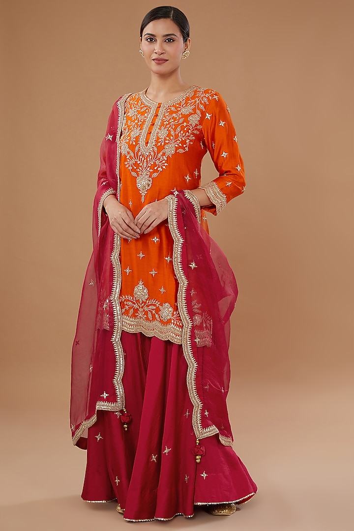 Red Pure Spun Silk Gharara Set by SURBHI SHAH at Pernia's Pop Up Shop