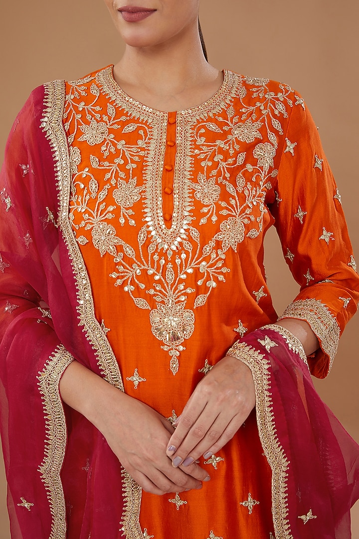 Red Pure Spun Silk Gharara Set by SURBHI SHAH at Pernia's Pop Up Shop