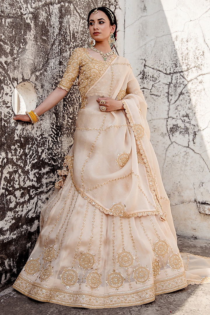 Champagne Satin Organza Embroidered Bridal Lehenga Set by SURBHI SHAH at Pernia's Pop Up Shop