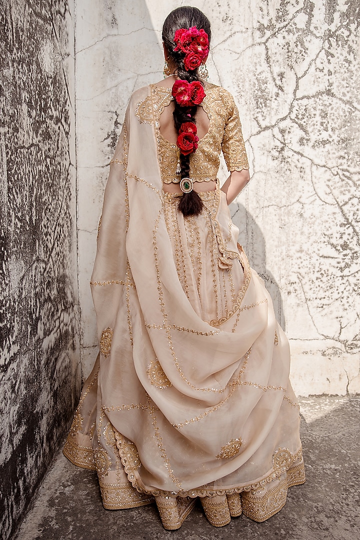 Champagne Satin Organza Embroidered Bridal Lehenga Set by SURBHI SHAH at Pernia's Pop Up Shop