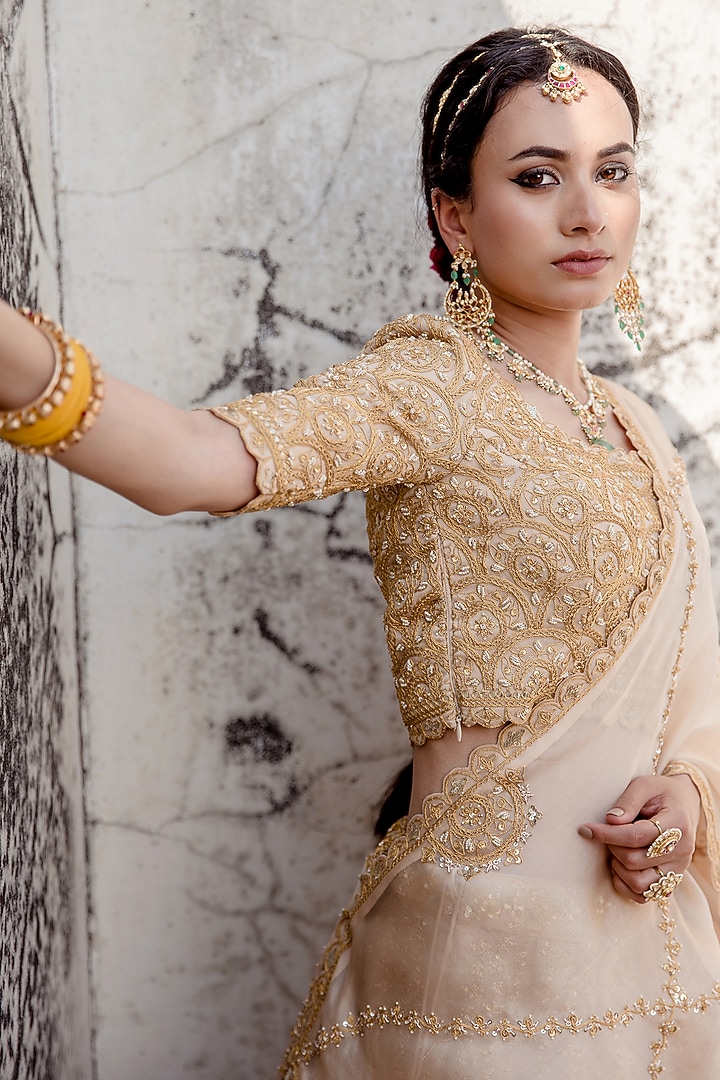 Champagne Satin Organza Embroidered Bridal Lehenga Set by SURBHI SHAH at Pernia's Pop Up Shop