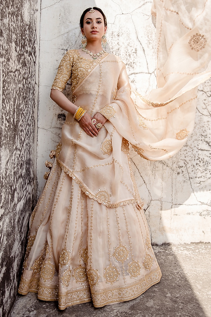Champagne Satin Organza Embroidered Bridal Lehenga Set by SURBHI SHAH at Pernia's Pop Up Shop