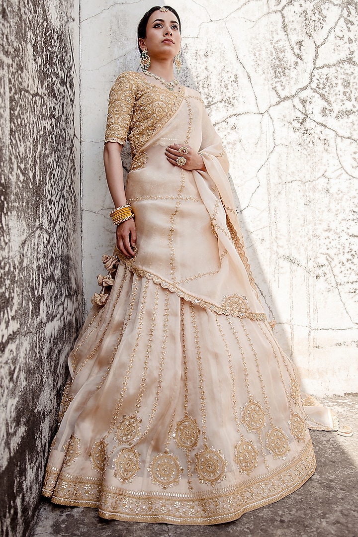 Champagne Satin Organza Embroidered Bridal Lehenga Set by SURBHI SHAH at Pernia's Pop Up Shop