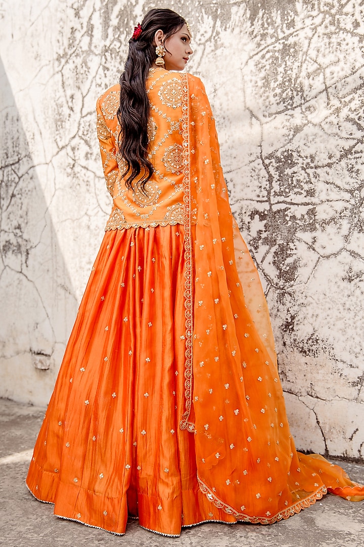 Orange Silk Embroidered Jacket Wedding Lehenga Set by SURBHI SHAH at Pernia's Pop Up Shop