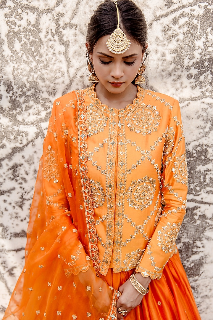 Orange Silk Embroidered Jacket Wedding Lehenga Set by SURBHI SHAH at Pernia's Pop Up Shop