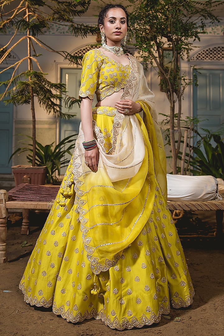 Greenish Yellow Pure Satin Organza Embroidered Bridal Lehenga Set by SURBHI SHAH at Pernia's Pop Up Shop