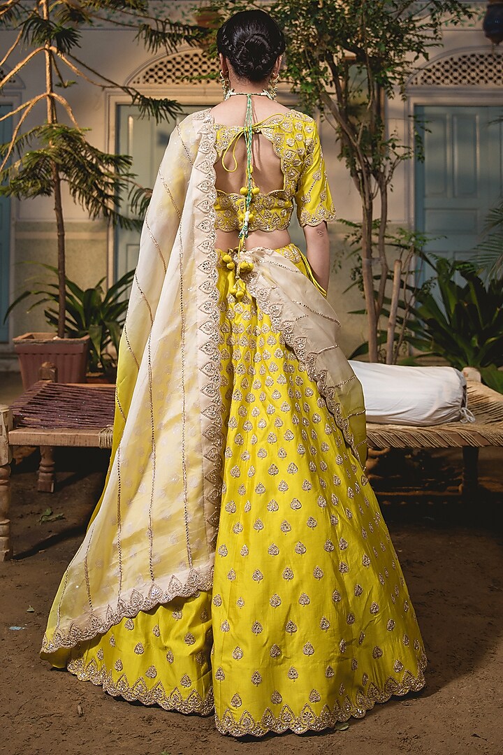Greenish Yellow Pure Satin Organza Embroidered Bridal Lehenga Set by SURBHI SHAH at Pernia's Pop Up Shop