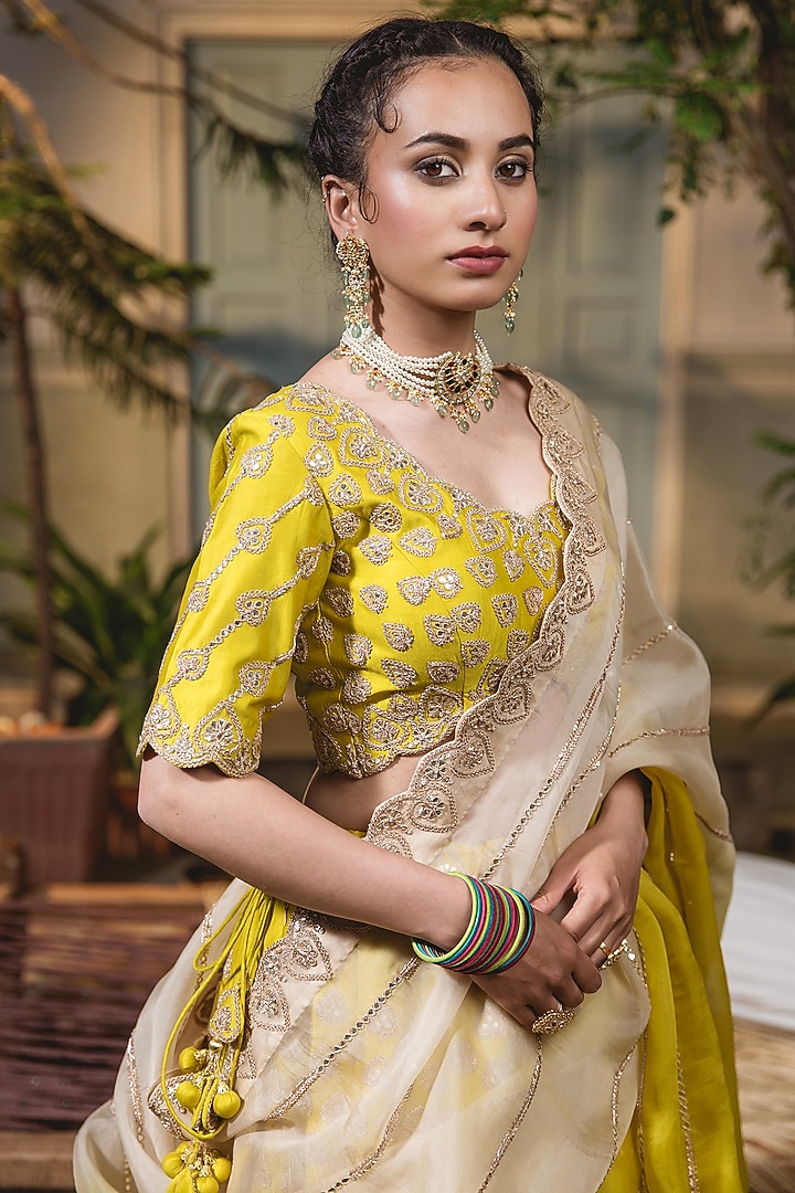 Greenish Yellow Pure Satin Organza Embroidered Bridal Lehenga Set by SURBHI SHAH at Pernia's Pop Up Shop