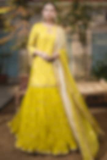 Greenish Yellow Kora Silk Crush Embroidered Wedding Lehenga Set by SURBHI SHAH at Pernia's Pop Up Shop