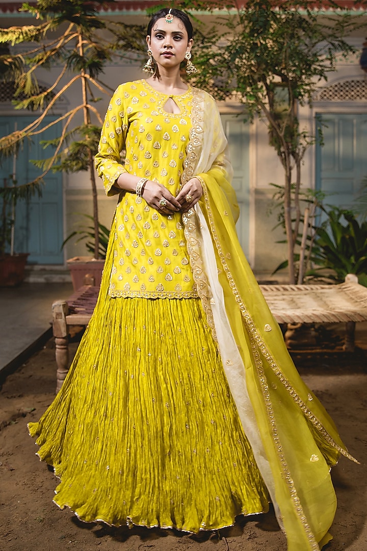 Greenish Yellow Kora Silk Crush Embroidered Wedding Lehenga Set by SURBHI SHAH at Pernia's Pop Up Shop