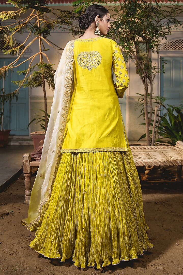 Greenish Yellow Kora Silk Crush Embroidered Wedding Lehenga Set by SURBHI SHAH at Pernia's Pop Up Shop