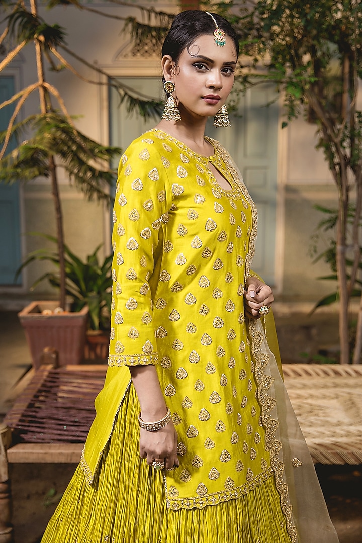 Greenish Yellow Kora Silk Crush Embroidered Wedding Lehenga Set by SURBHI SHAH at Pernia's Pop Up Shop