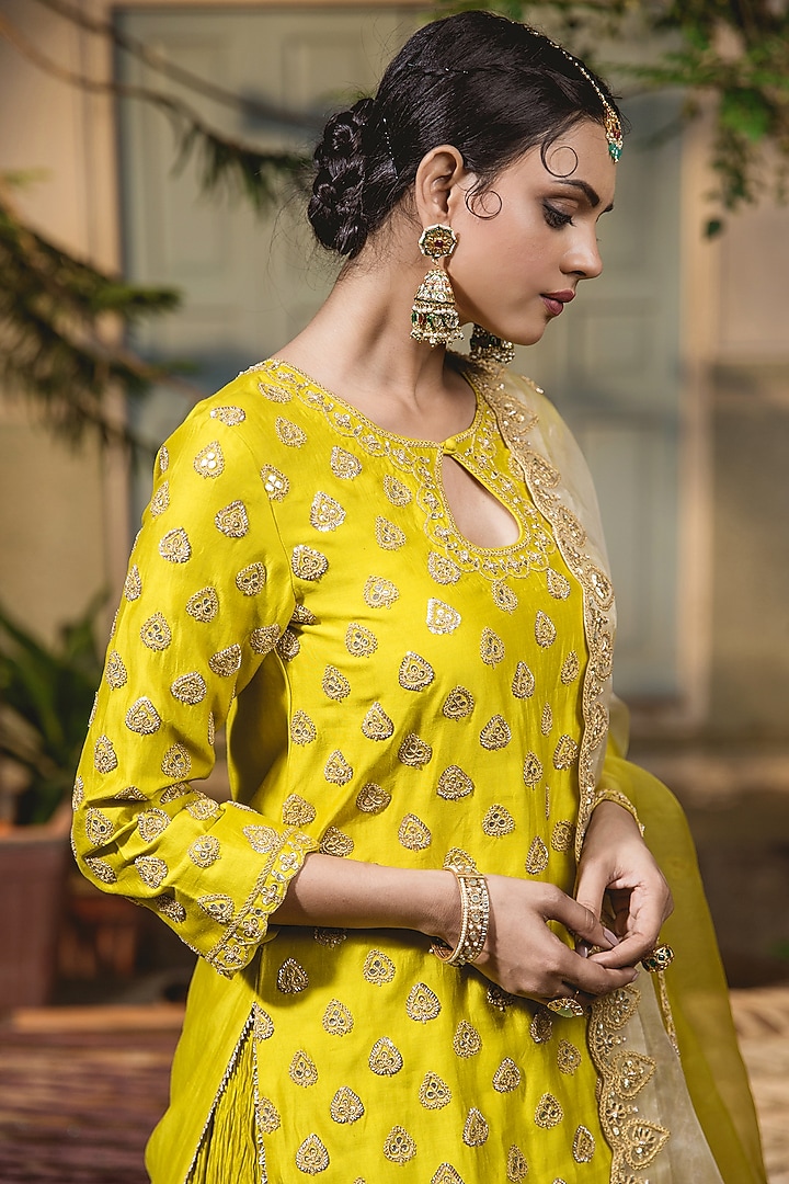 Greenish Yellow Kora Silk Crush Embroidered Wedding Lehenga Set by SURBHI SHAH at Pernia's Pop Up Shop