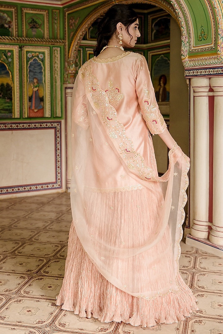 Powder Peach Kora Silk Crush Embroidered Wedding Lehenga Set by SURBHI SHAH at Pernia's Pop Up Shop