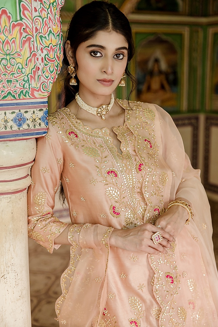 Powder Peach Kora Silk Crush Embroidered Wedding Lehenga Set by SURBHI SHAH at Pernia's Pop Up Shop