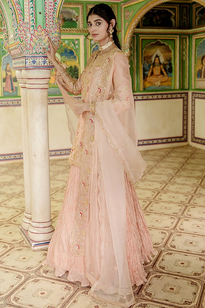 Powder Peach Kora Silk Crush Embroidered Wedding Lehenga Set by SURBHI SHAH at Pernia's Pop Up Shop