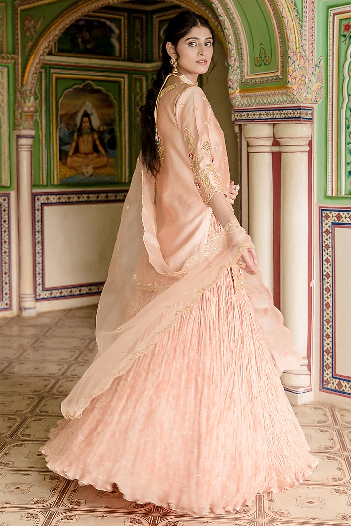 Powder Peach Kora Silk Crush Embroidered Wedding Lehenga Set by SURBHI SHAH at Pernia's Pop Up Shop