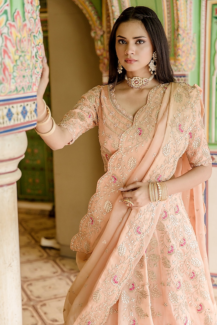 Powder Peach Pure Satin Organza Embroidered Bridal Lehenga Set by SURBHI SHAH at Pernia's Pop Up Shop