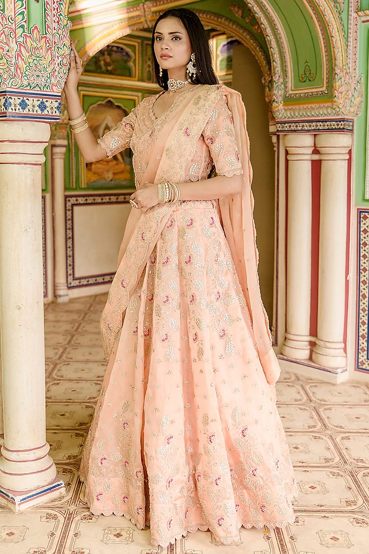 Powder Peach Pure Satin Organza Embroidered Bridal Lehenga Set by SURBHI SHAH at Pernia's Pop Up Shop
