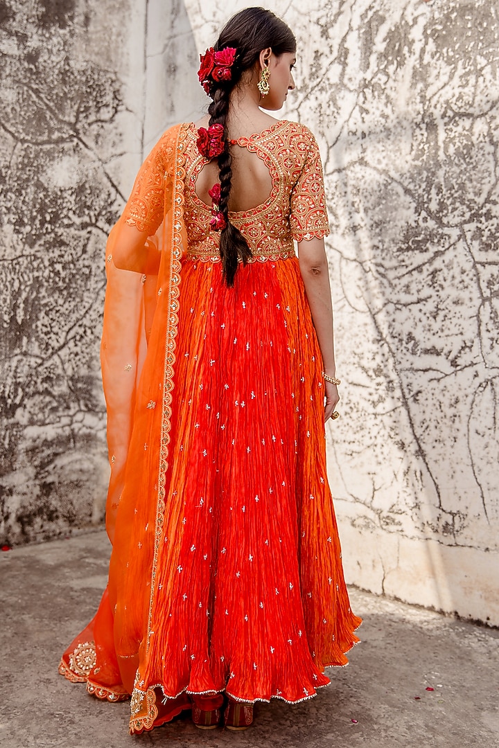 Orange Pure Silk Embroidered Wedding Anarkali Set by SURBHI SHAH at Pernia's Pop Up Shop