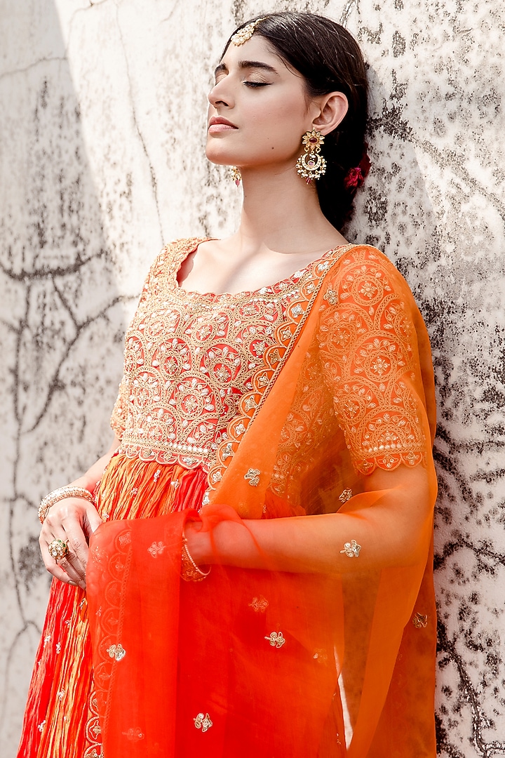 Orange Pure Silk Embroidered Wedding Anarkali Set by SURBHI SHAH at Pernia's Pop Up Shop