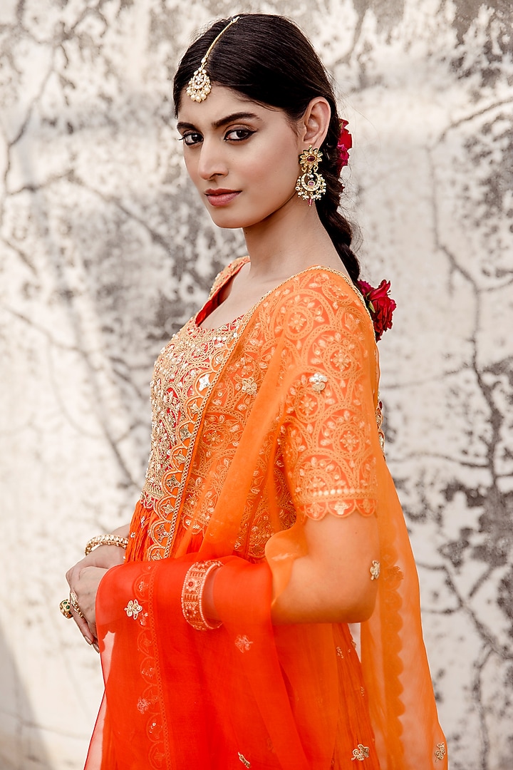 Orange Pure Silk Embroidered Wedding Anarkali Set by SURBHI SHAH at Pernia's Pop Up Shop