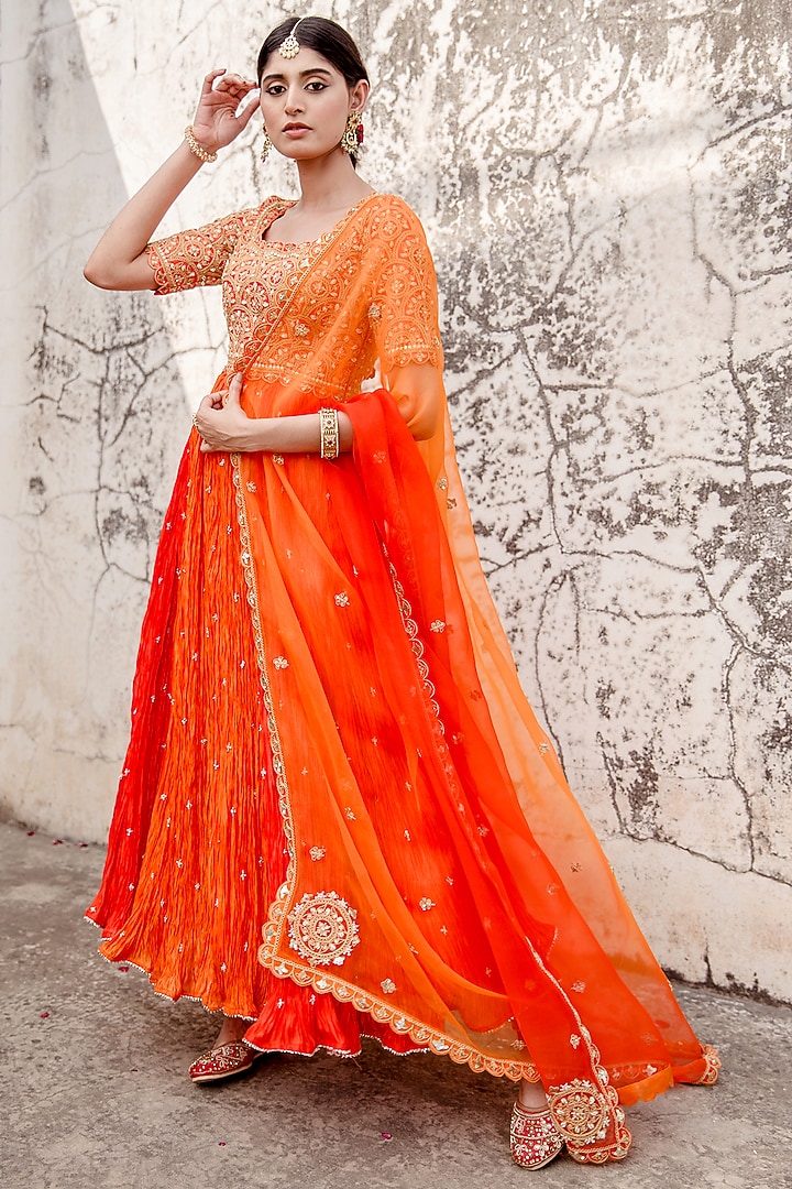 Orange Pure Silk Embroidered Wedding Anarkali Set by SURBHI SHAH at Pernia's Pop Up Shop