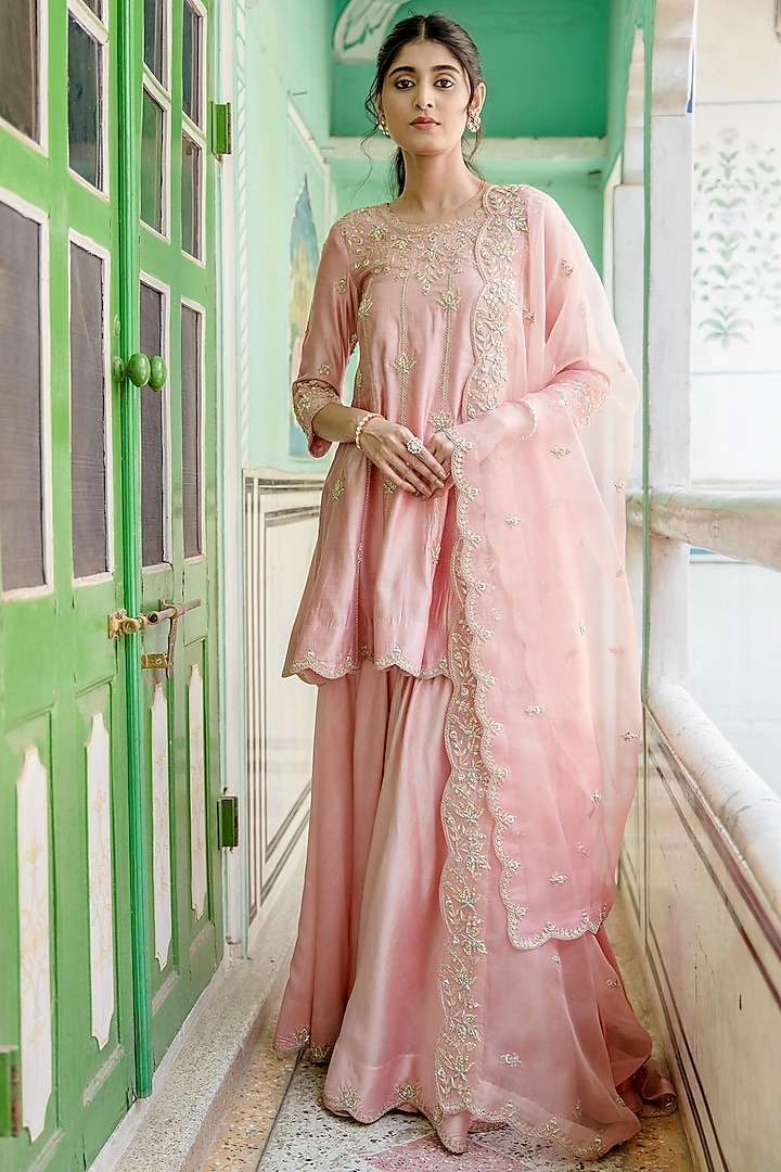 Powder Pink Pure Silk Gharara Set by SURBHI SHAH