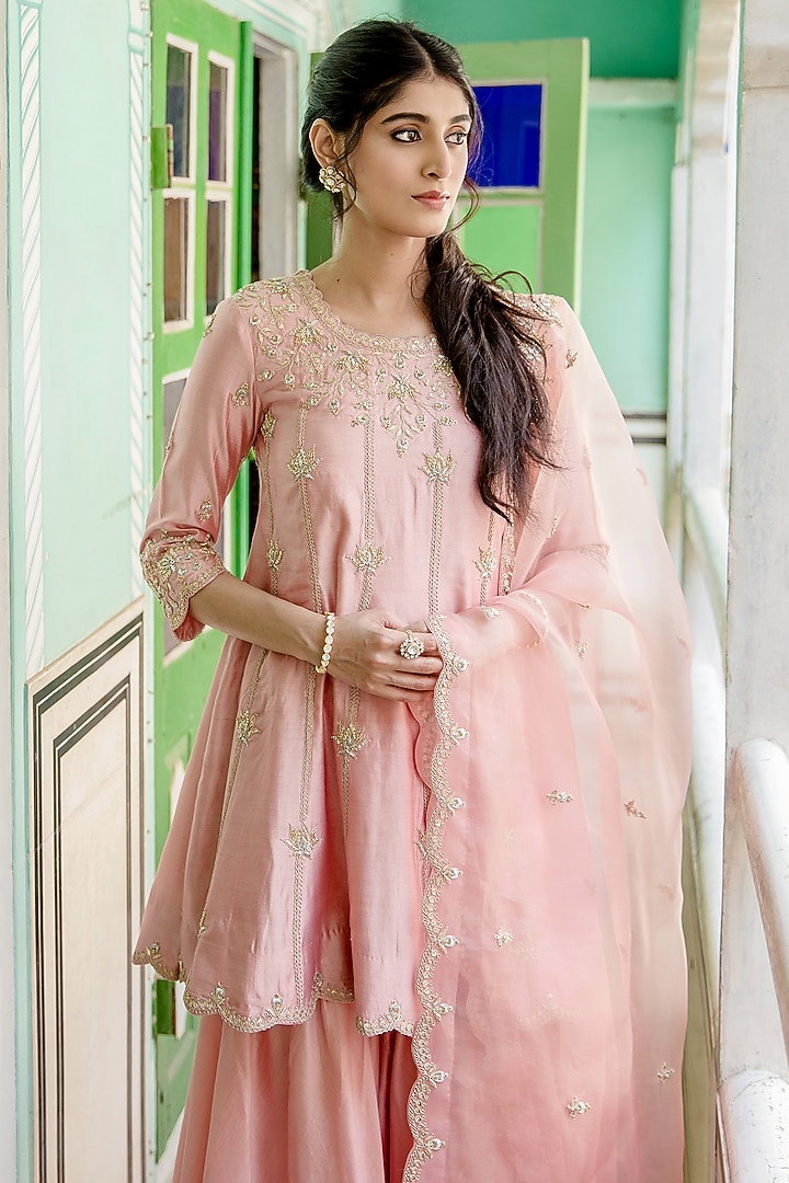 Powder Pink Pure Silk Gharara Set by SURBHI SHAH at Pernia's Pop Up Shop