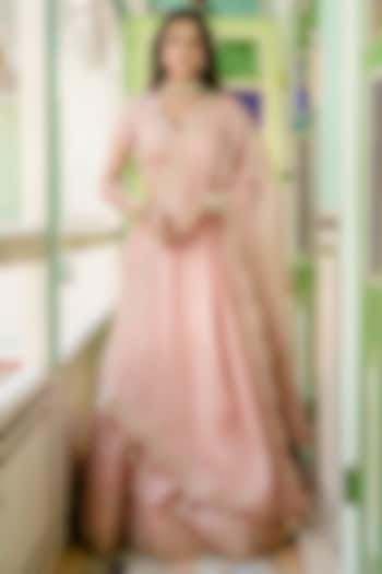 Powder Pink Pure Satin Organza Embroidered Bridal Lehenga Set by SURBHI SHAH at Pernia's Pop Up Shop