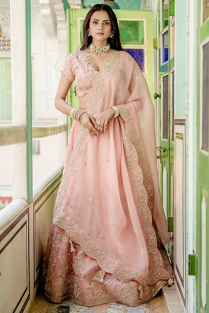 Powder Pink Pure Satin Organza Embroidered Bridal Lehenga Set by SURBHI SHAH at Pernia's Pop Up Shop