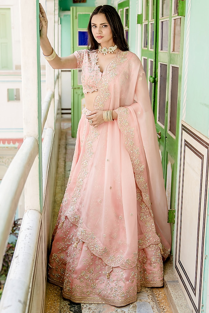 Powder Pink Pure Satin Organza Embroidered Bridal Lehenga Set by SURBHI SHAH at Pernia's Pop Up Shop
