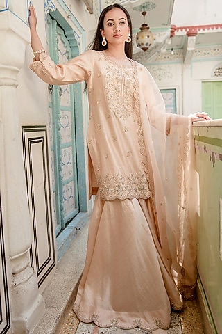 Beige Pure Spun Silk Sharara Set by SURBHI SHAH