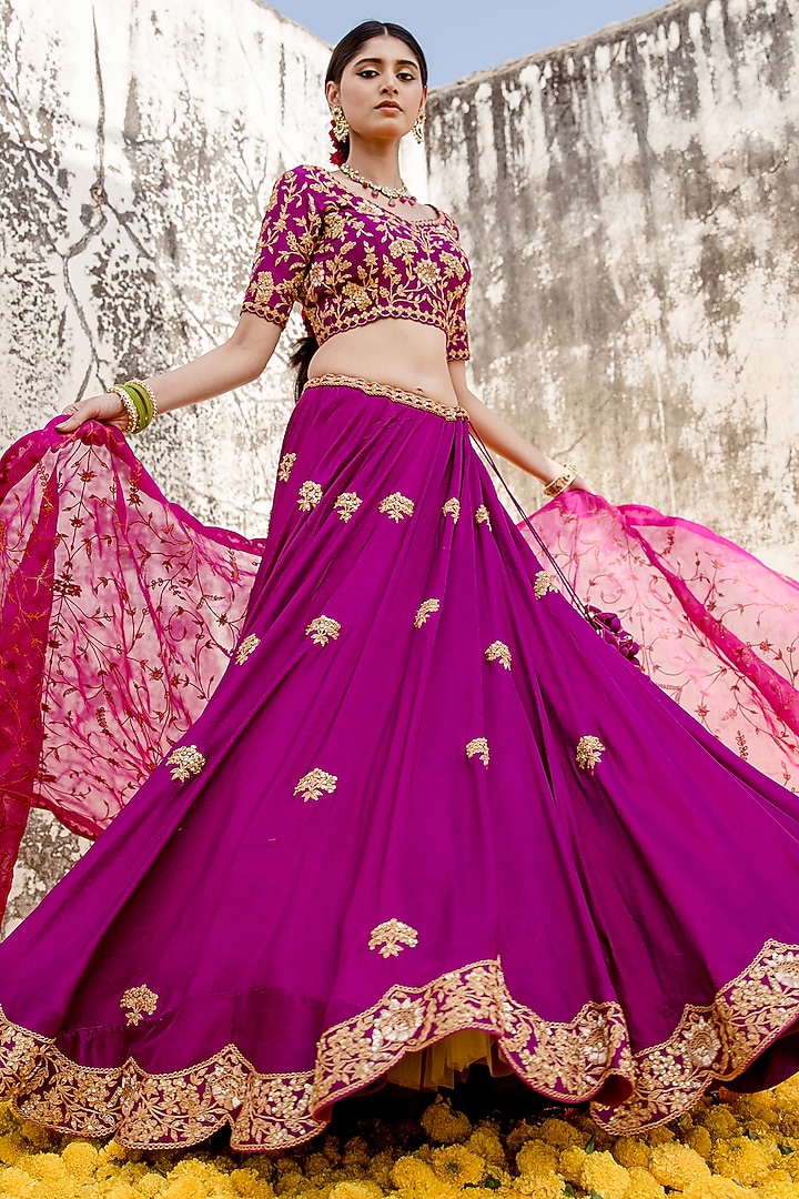 Purple Pure Silk Embroidered Bridal Lehenga Set by SURBHI SHAH at Pernia's Pop Up Shop