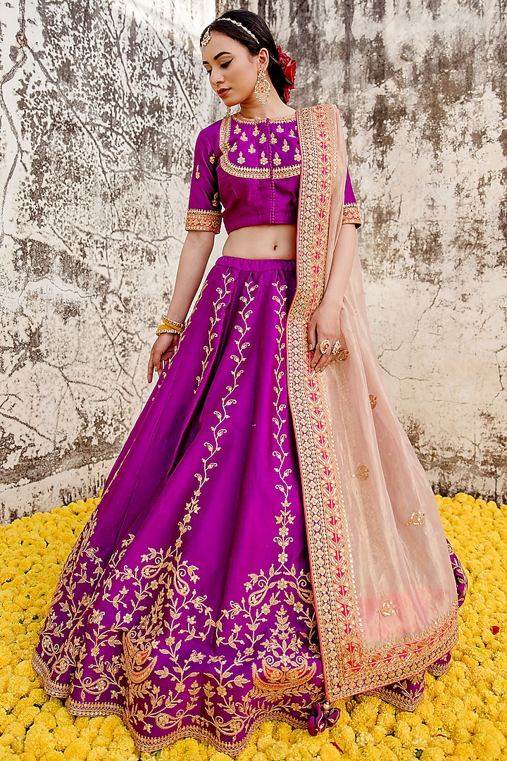 Magenta Pure Spun Silk Embroidered Bridal Lehenga Set by SURBHI SHAH at Pernia's Pop Up Shop