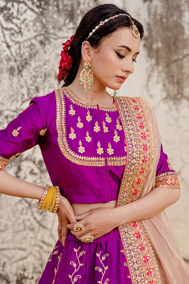 Magenta Pure Spun Silk Embroidered Bridal Lehenga Set by SURBHI SHAH at Pernia's Pop Up Shop