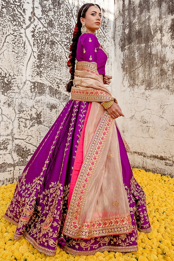 Magenta Pure Spun Silk Embroidered Bridal Lehenga Set by SURBHI SHAH at Pernia's Pop Up Shop