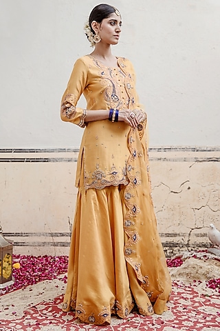 Powder Yellow Pure Spun Silk Sharara Set by SURBHI SHAH