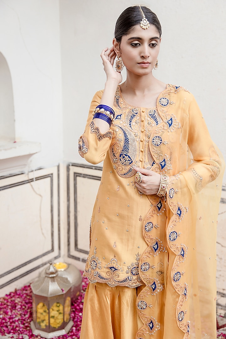 Powder Yellow Pure Spun Silk Wedding Sharara Set by SURBHI SHAH at Pernia's Pop Up Shop