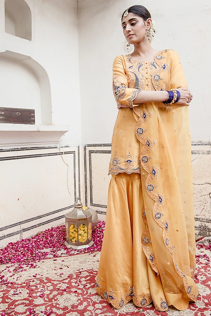 Powder Yellow Pure Spun Silk Wedding Sharara Set by SURBHI SHAH at Pernia's Pop Up Shop